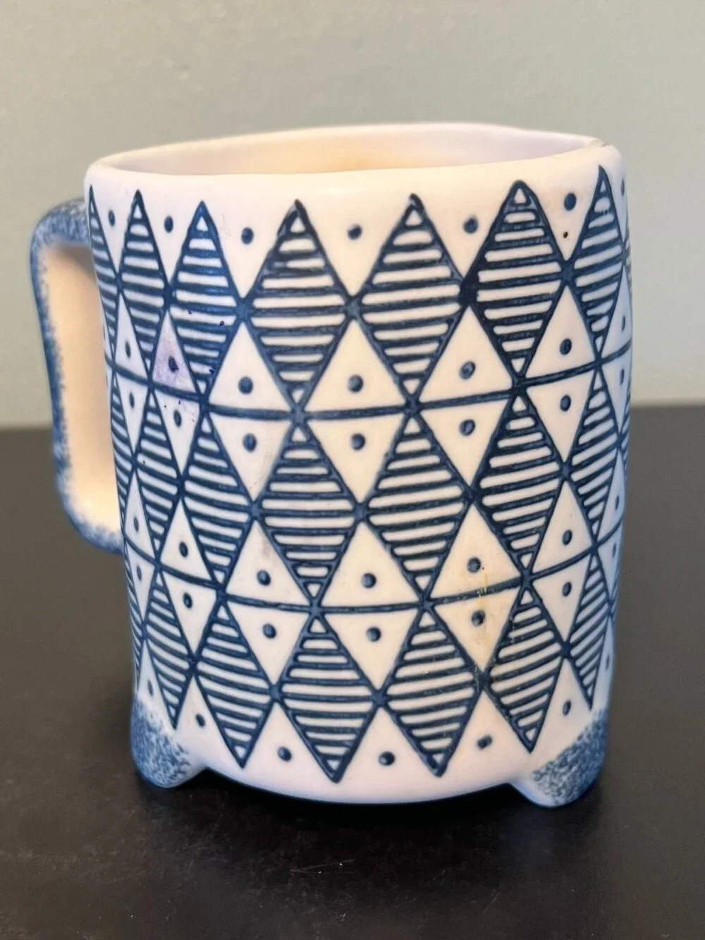 PAPER SOURCE Handcrafted Look Blue-on-White Geometric Tile Pattern Stoneware Mug